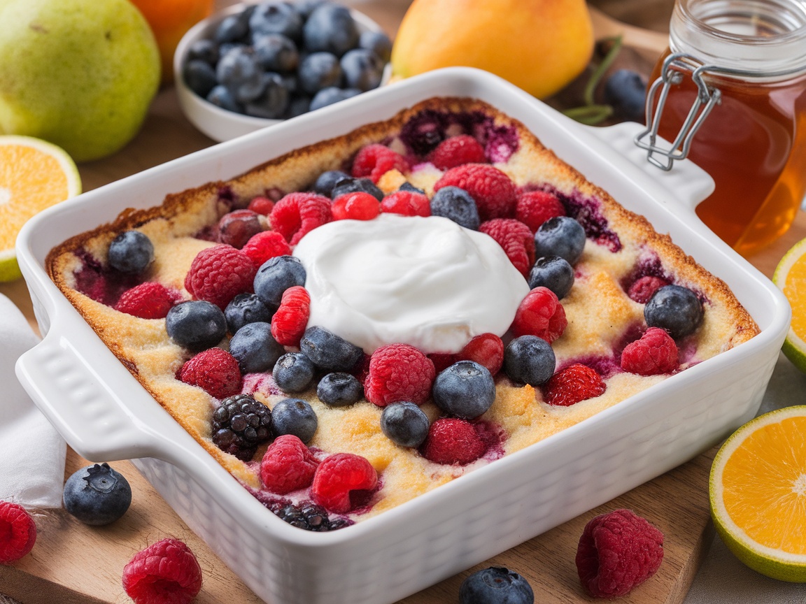 Healthy Overnight Breakfast Casserole With Fruit A baked breakfast casserole with berries in a 9x13 dish, served with Greek yogurt and fresh fruits.